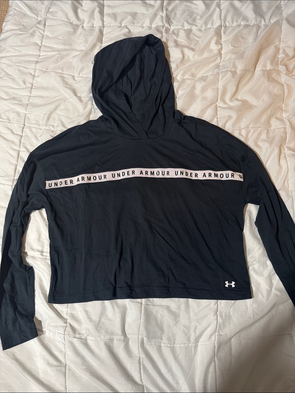 Under Armour Black Cropped Hoodie with White Logo Tape